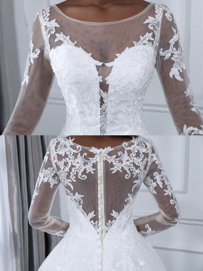 Brautkleider in Duchesse-Linie aus Transparentem Tüll mit Langen Ärmeln Und Applikationen