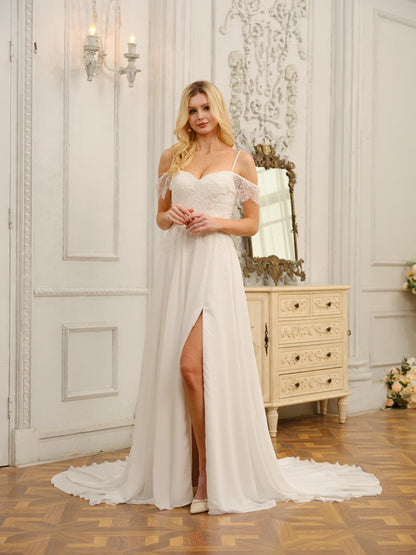 Schulterfreie Lange Brautkleider Im A-Linien-/Prinzessin-Stil mit Applikationen Und Seitlichem Schlitz