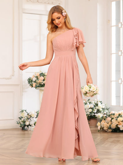 A-Linie/Prinzessin One-Shoulder-Lange Hochzeits-Partykleider mit Schlitz An Der Seite