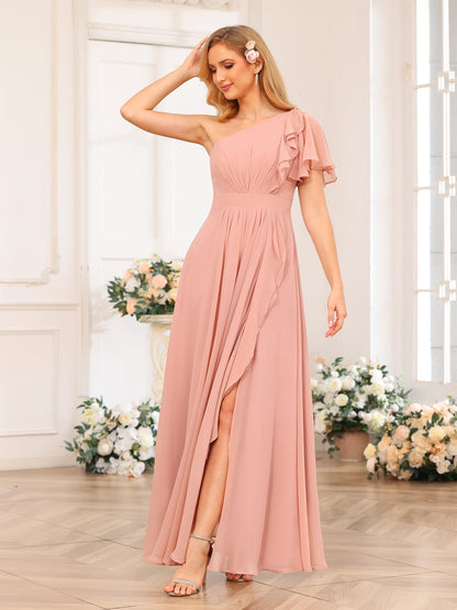 A-Linie/Prinzessin One-Shoulder-Lange Hochzeits-Partykleider mit Schlitz An Der Seite