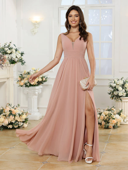 A-Linie/Prinzessin V-Ausschnitt Lange Hochzeitskleider mit Seitenschlitz & Taschen